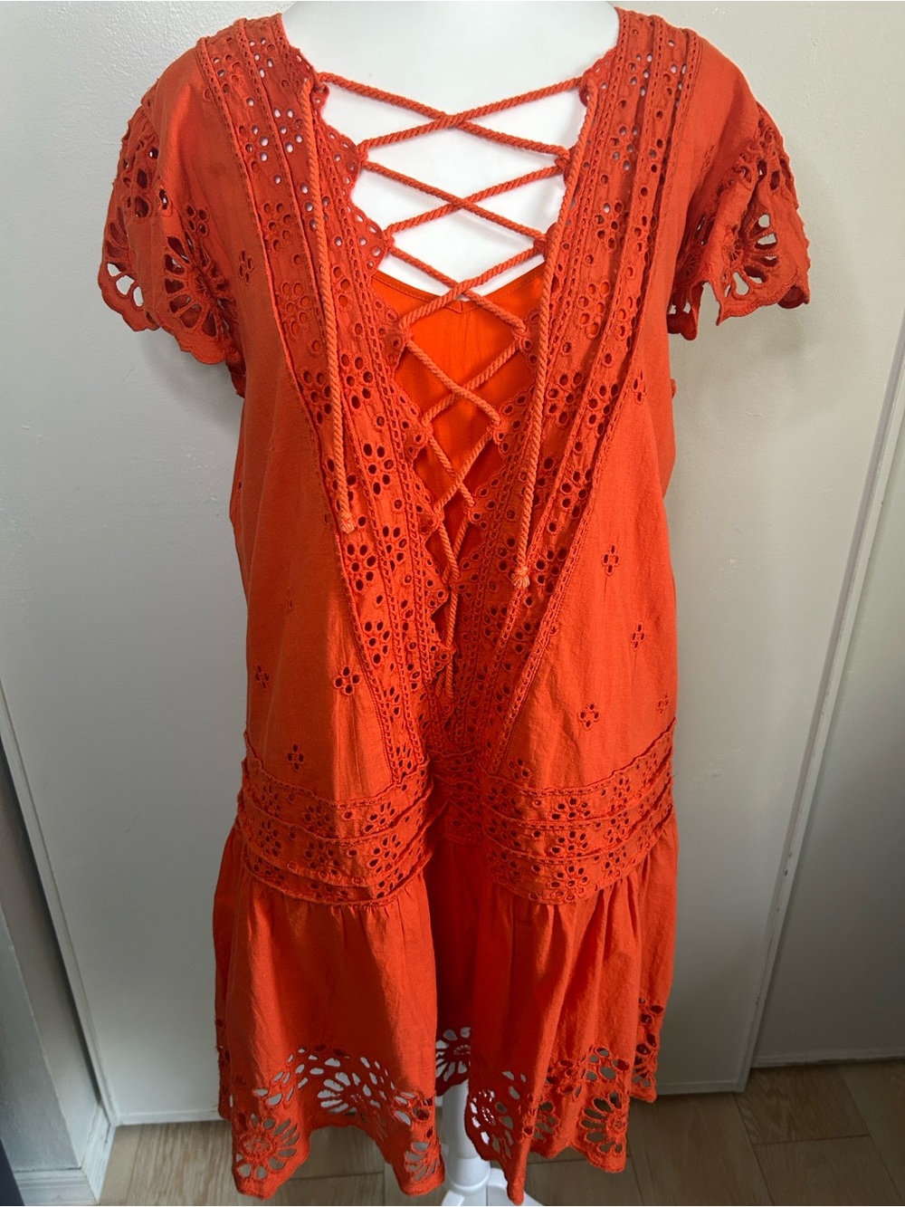 Free People Esperanza Orange Saffron Cotton Dress with Lace Up Neckline